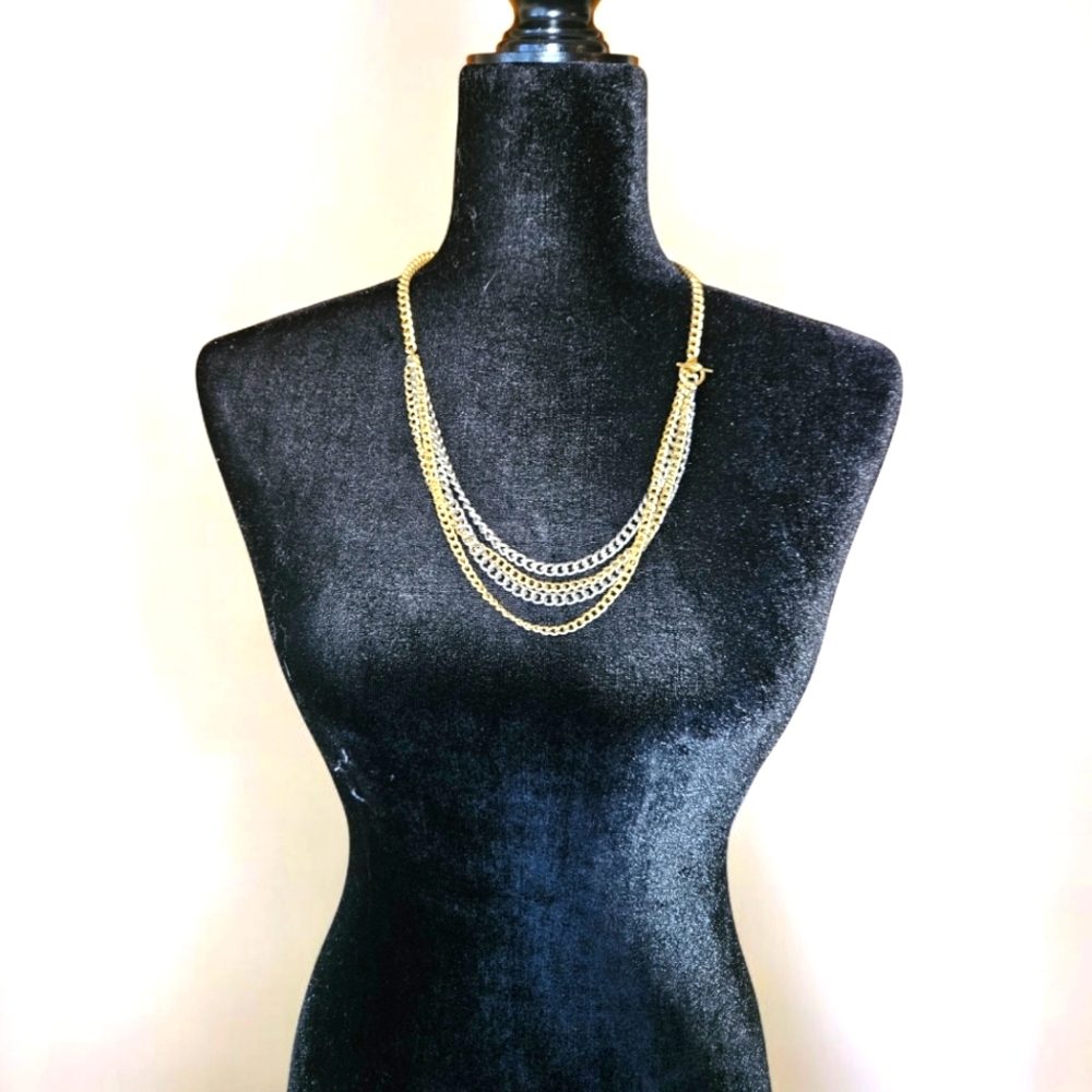vintage multi-strand necklace, alternating gold, and silver-toned chains